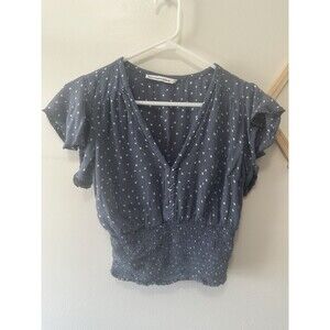 Abercrombie And Fitch XS Blue And White Polka Dot Shirred Waist Cropped Blouse
